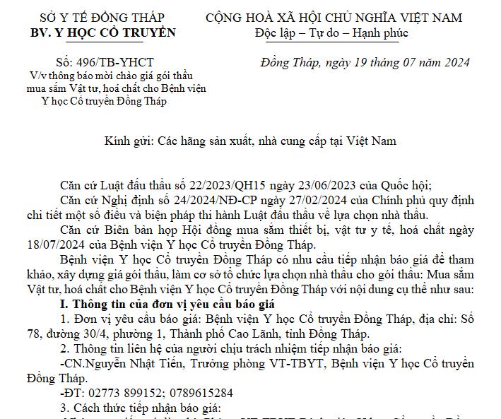 Thông báo mời chào giá gói thầu mua sắm Vật tư, hoá chất cho Bệnh viện Y học Cổ truyền Đồng Tháp