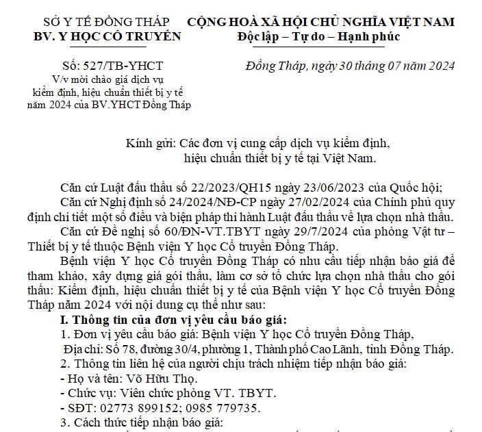 Thông báo mời chào giá dịch vụ kiểm định, hiệu chuẩn thiết bị y tế năm 2024