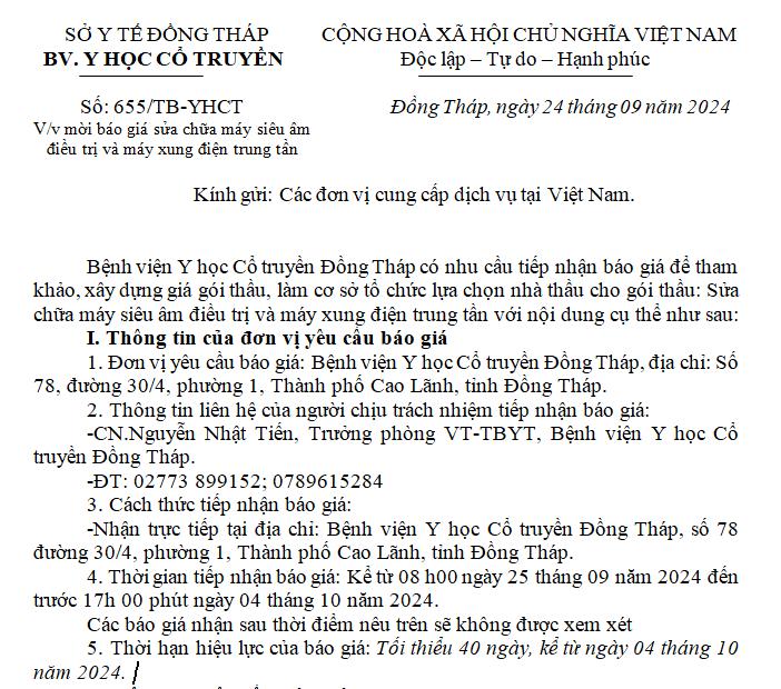 (655/TB-YHCT) Về việc mời báo giá sửa chữa máy siêu âm điều trị và máy xung điện trung tần