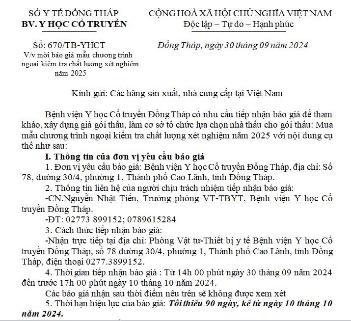 (670-TB-YHCT) Thông báo mời báo giá mẫu chương trình ngoại kiểm tra chất lượng xét nghiệm năm 2025