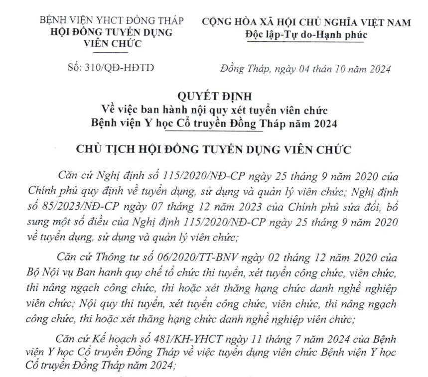 Nội quy xét tuyển viên chức Bệnh viện Y học Cổ truyền Đồng Tháp năm 2024