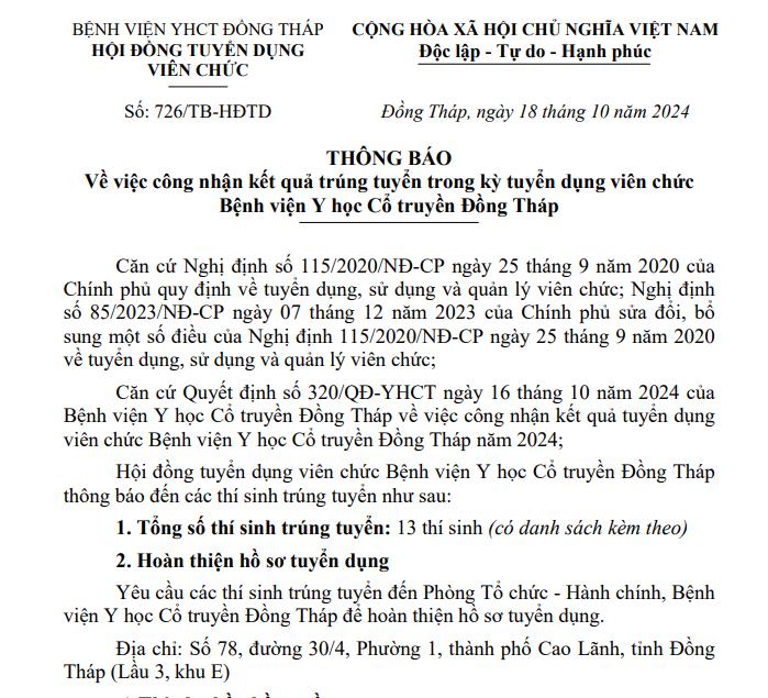 Thông báo công nhận kết quả trúng tuyển kỳ tuyển dụng viên chức năm 2024