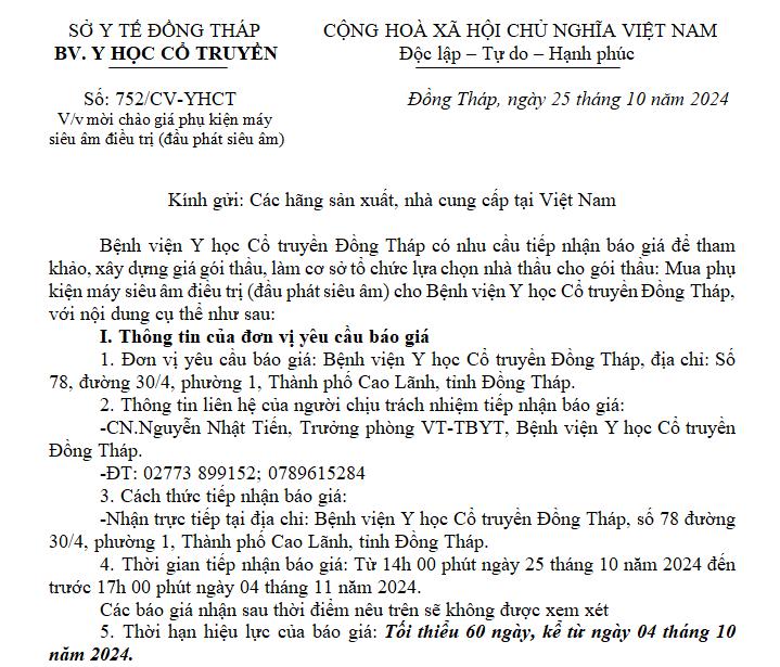 Thông báo mời chào giá phụ kiện máy siêu âm điều trị (đầu phát siêu âm) (752/CV-YHCT)