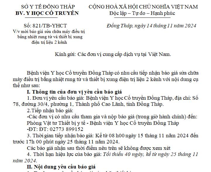 Thông báo mời báo giá sửa chữa máy điều trị bằng nhiệt rung từ và thiết bị xung điện trị liệu 2 kênh