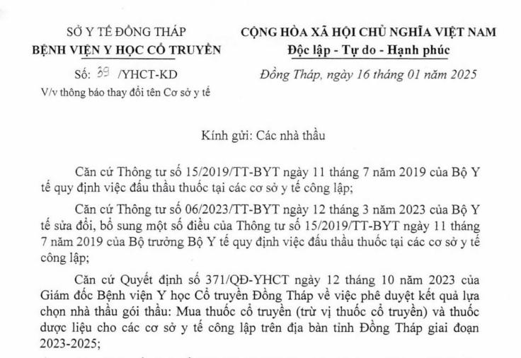 Thông báo thay đổi tên Cơ sở y tế (Trung tâm bảo vệ sức khỏe cán bộ Tỉnh)