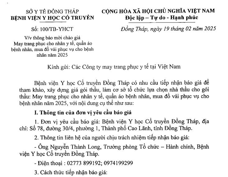 Thông báo mời chào giá may trang phục cho nhân viên y tế, quần áo bệnh nhân, mua đồ vải phục vụ cho bệnh nhân năm 2025