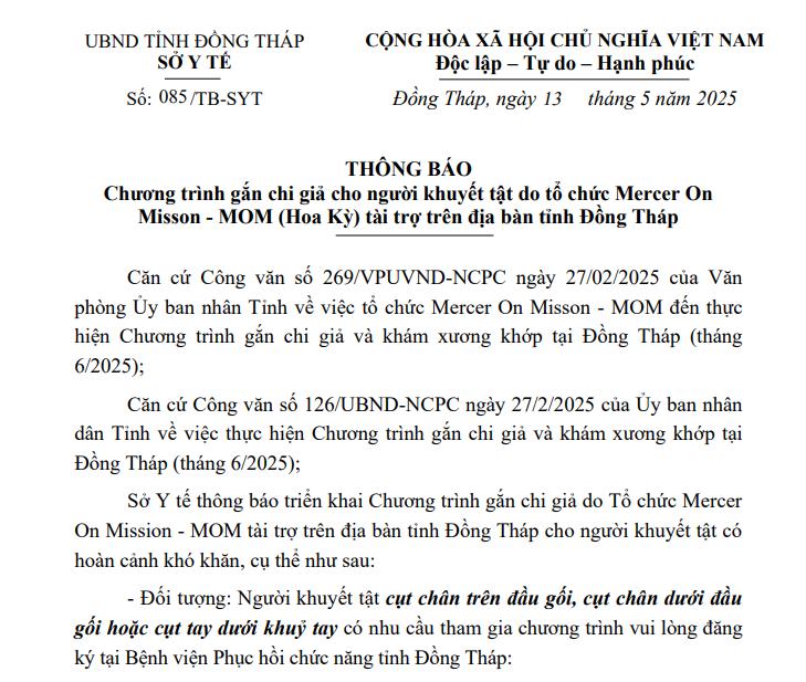 Thông báo 085/TB-SYT Chương trình gắn chi giả cho người khuyết tật do tổ chức Mercer On Misson – MOM (Hoa Kỳ) tài trợ trên địa bàn tỉnh Đồng Tháp