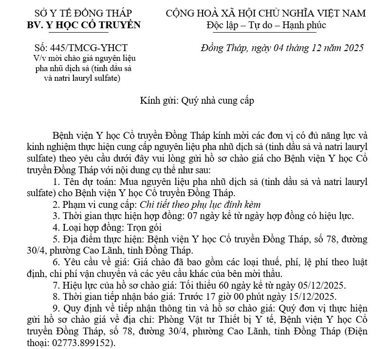 (445/TMCG-YHCT) Thông báo mời chào giá nguyên liệu pha nhũ dịch sả (tinh dầu sả và natri lauryl sulfate)
