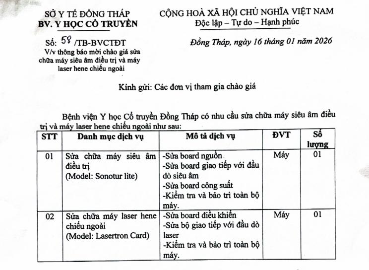 V/v thông báo mời chào giá sửa chữa máy siêu âm điều trị và máy laser hene chiếu ngoài (58/TB-BVCTĐT)